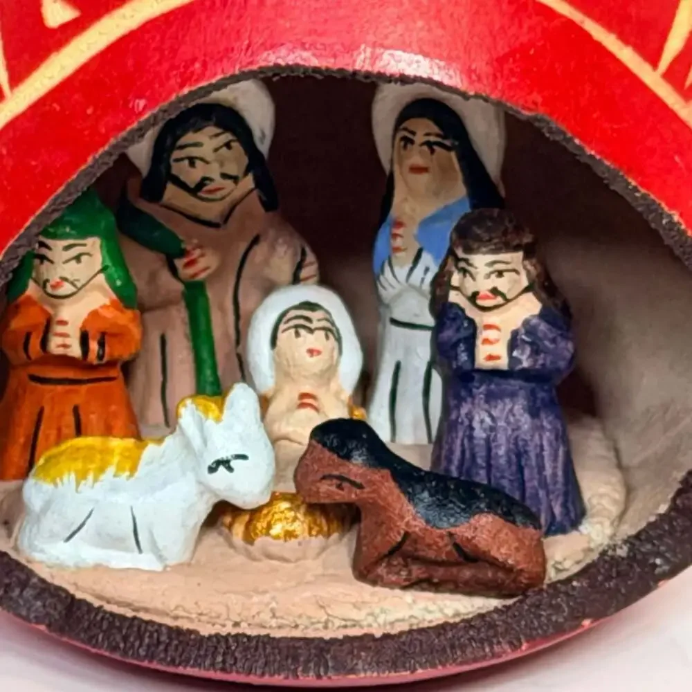 Hand Carved and Painted Gourd Nativity Scene Christmas Diorama Ornament